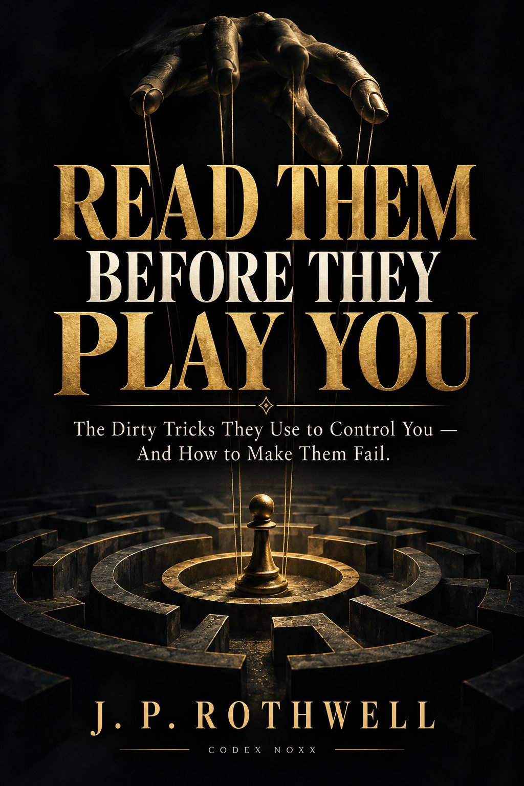 Book cover of READ THEM BEFORE THEY PLAY YOU by J. P. Rothwell: a hand controls puppet strings attached to a chess pawn in the center of a dark labyrinth.